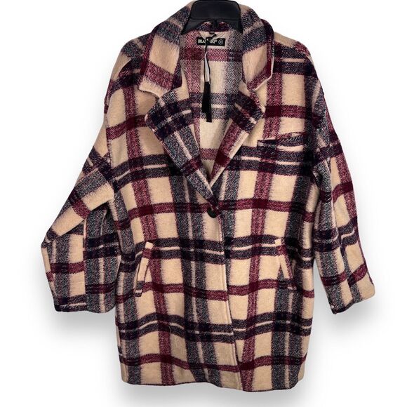 Blank NYC Jacket WMNS M Cream Wool Blend Oversized Burgundy Plaid Trench Teddy - Picture 2 of 12